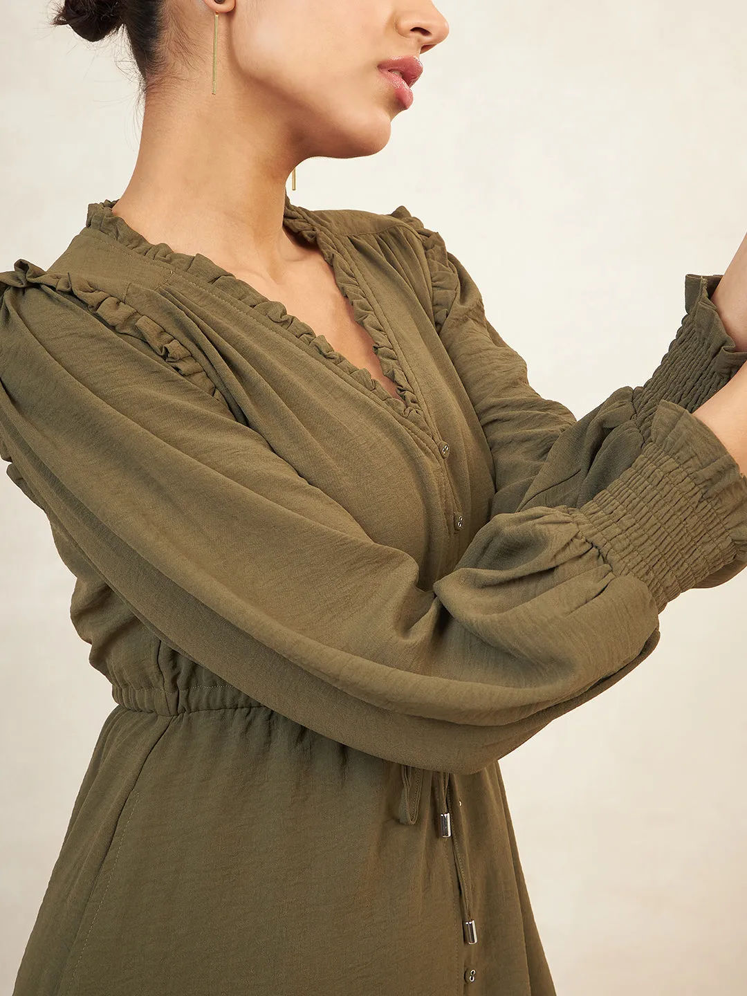 Olive Crinkle Drawstring Detail Midi Dress