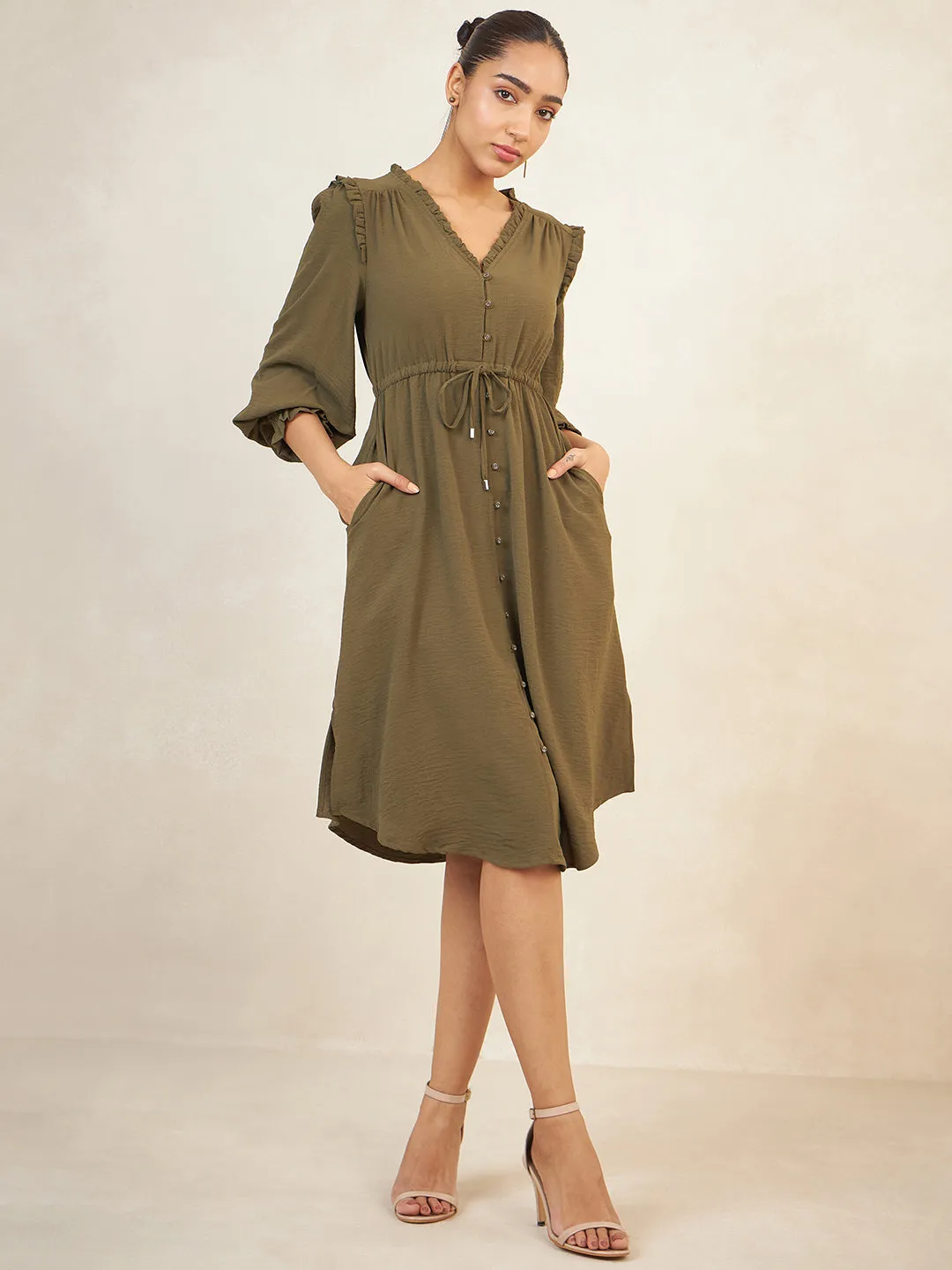 Olive Crinkle Drawstring Detail Midi Dress
