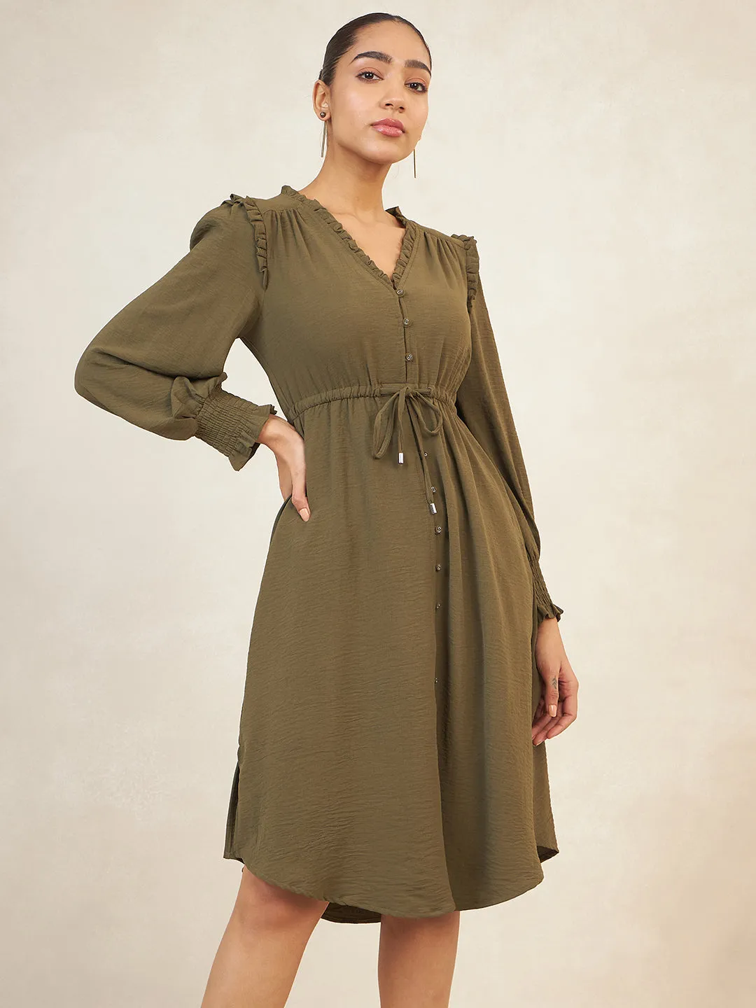 Olive Crinkle Drawstring Detail Midi Dress