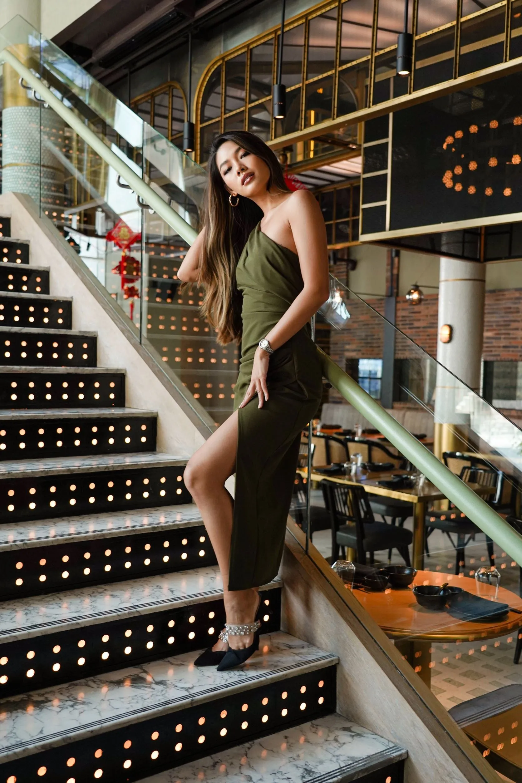 One Shoulder Crepe Dress in Khaki