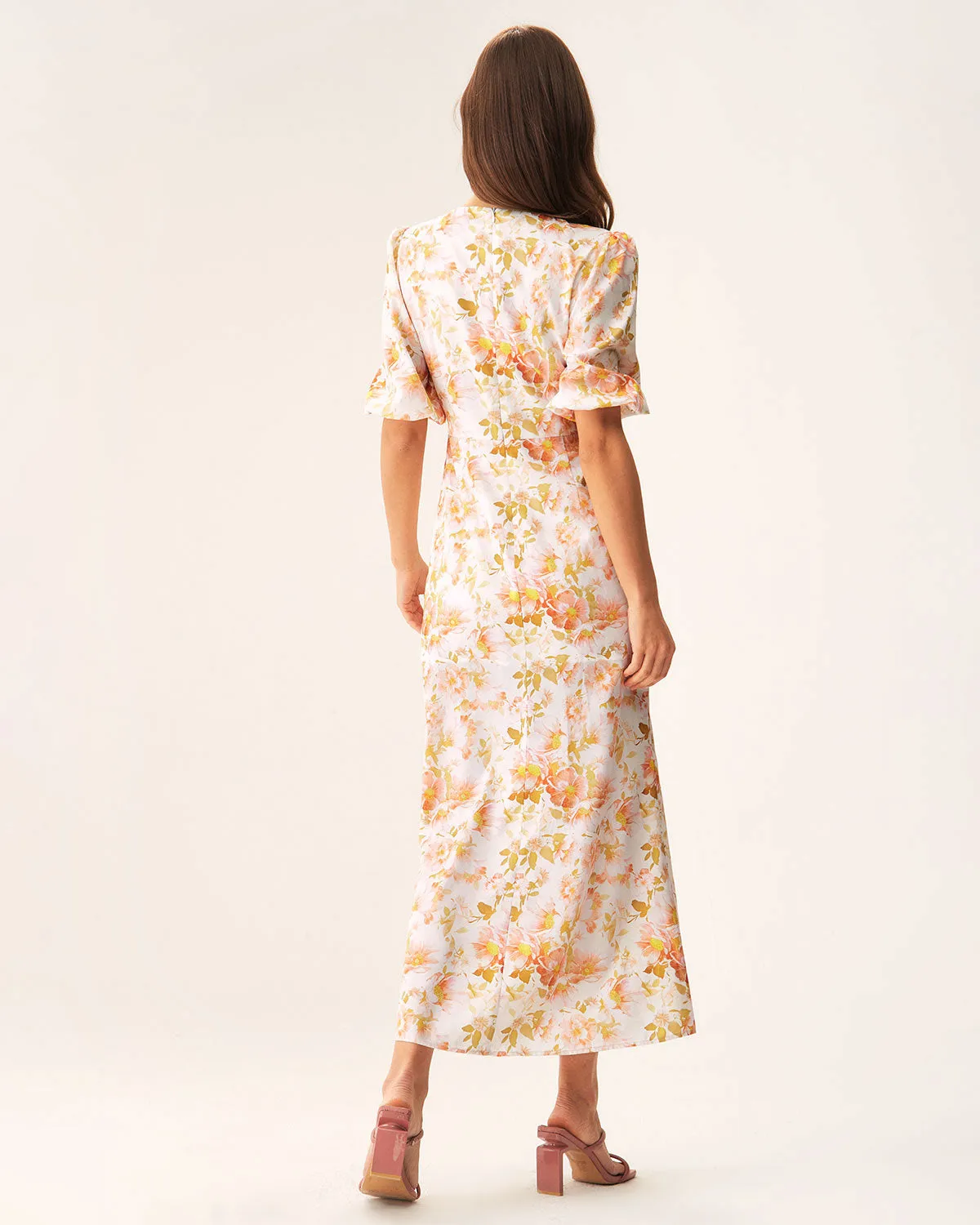 Orange Floral V-Neck Puffed Sleeve Maxi Dress