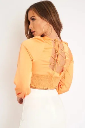 Orange Shirred Long Sleeve Strap Back Detail Crop Top -Traniyah
