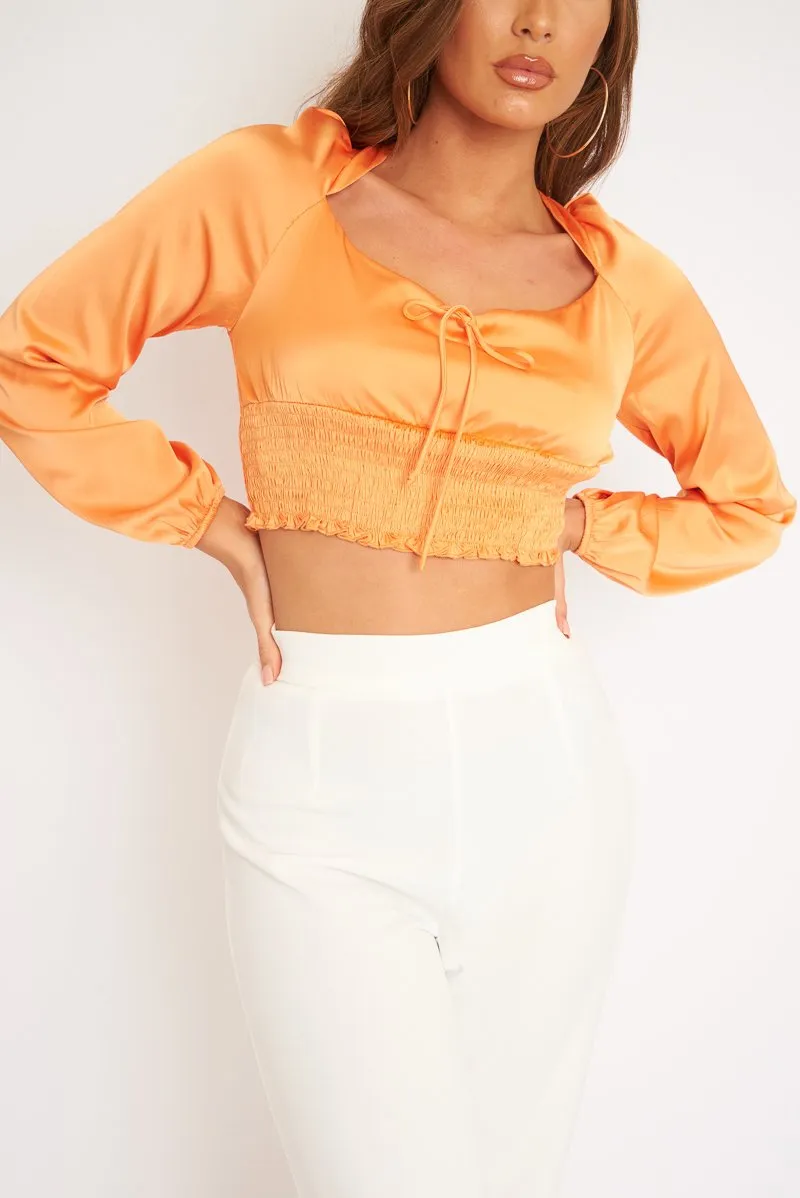 Orange Shirred Long Sleeve Strap Back Detail Crop Top -Traniyah