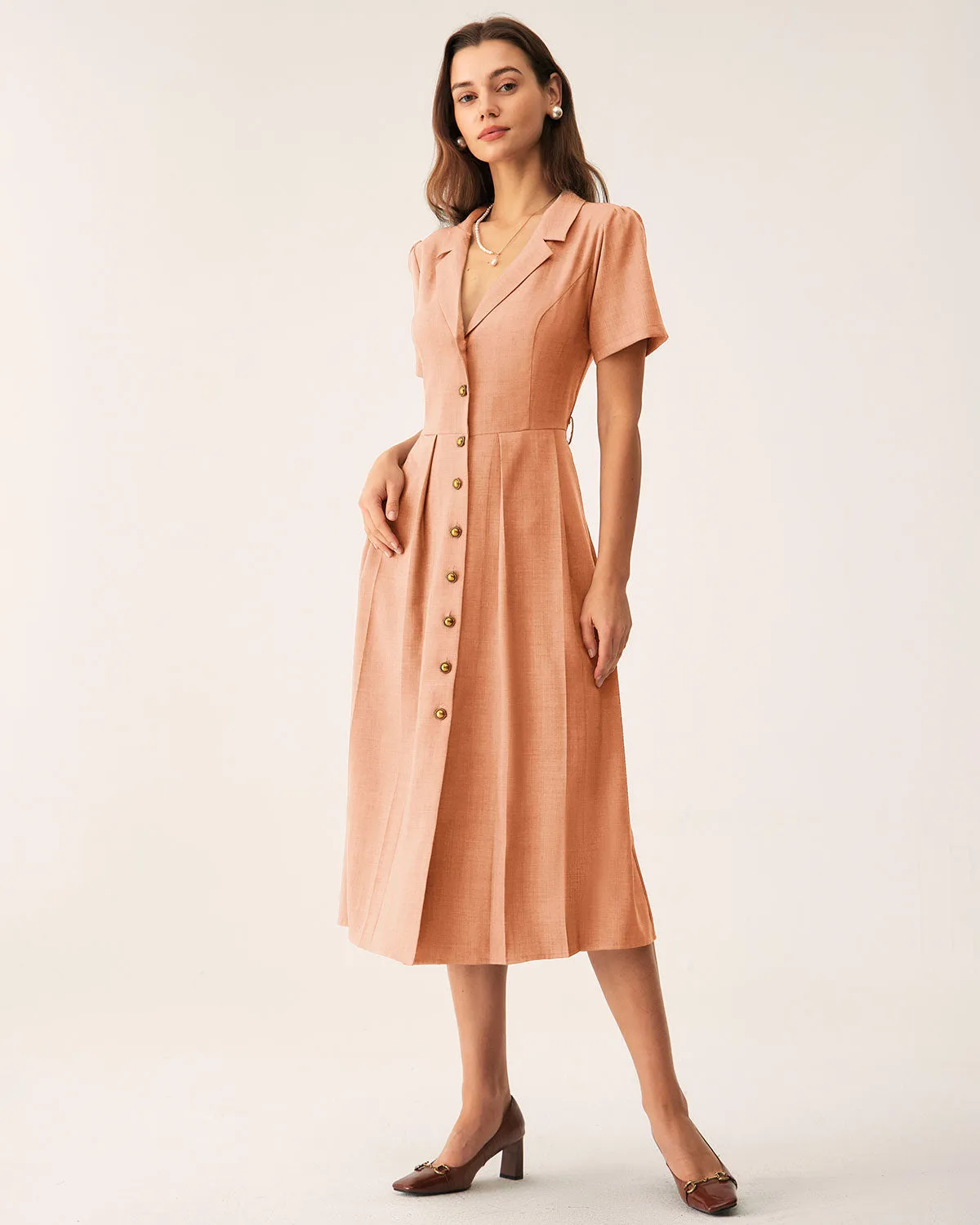 Orange V Neck Pleated Button Midi Dress