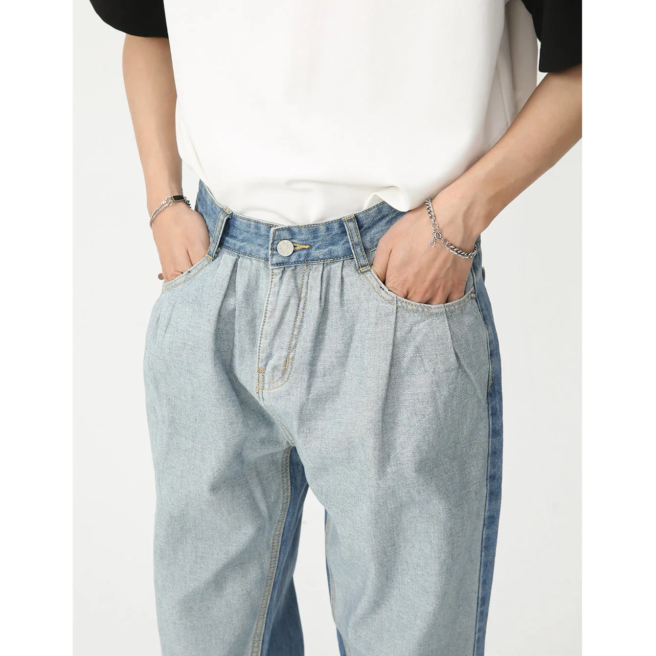 Paneled Jeans Washed Blue Loose Straight-Leg Pants