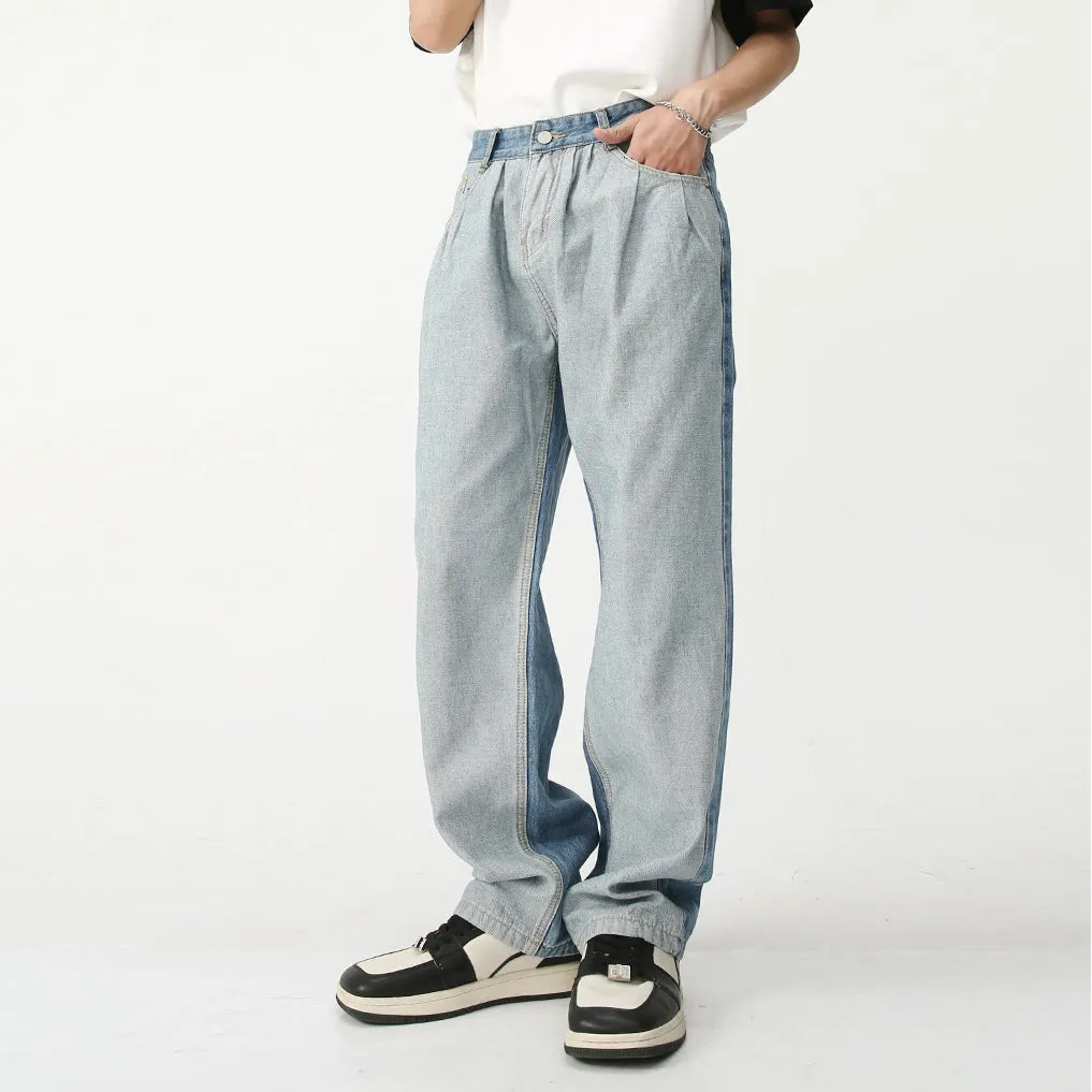 Paneled Jeans Washed Blue Loose Straight-Leg Pants