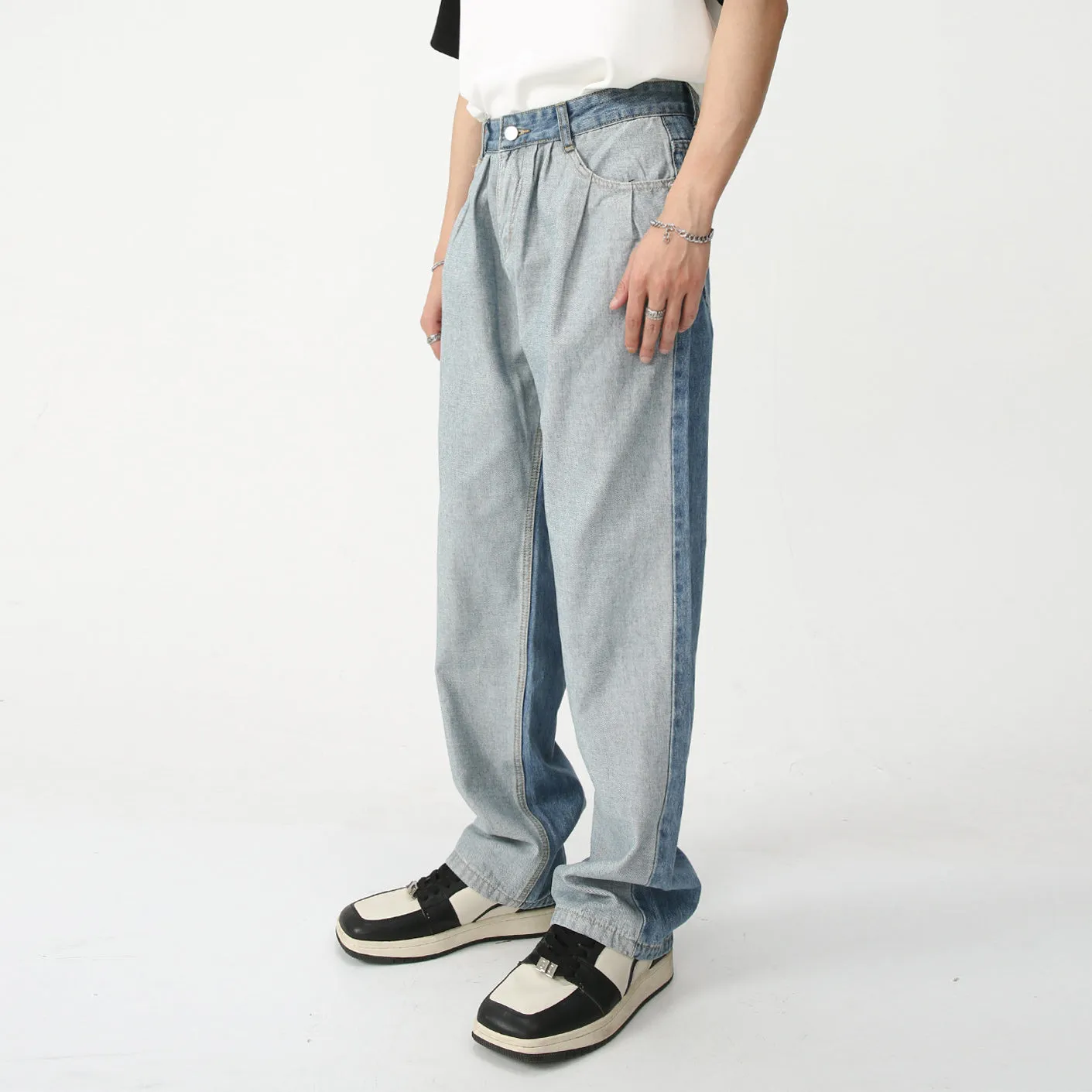 Paneled Jeans Washed Blue Loose Straight-Leg Pants