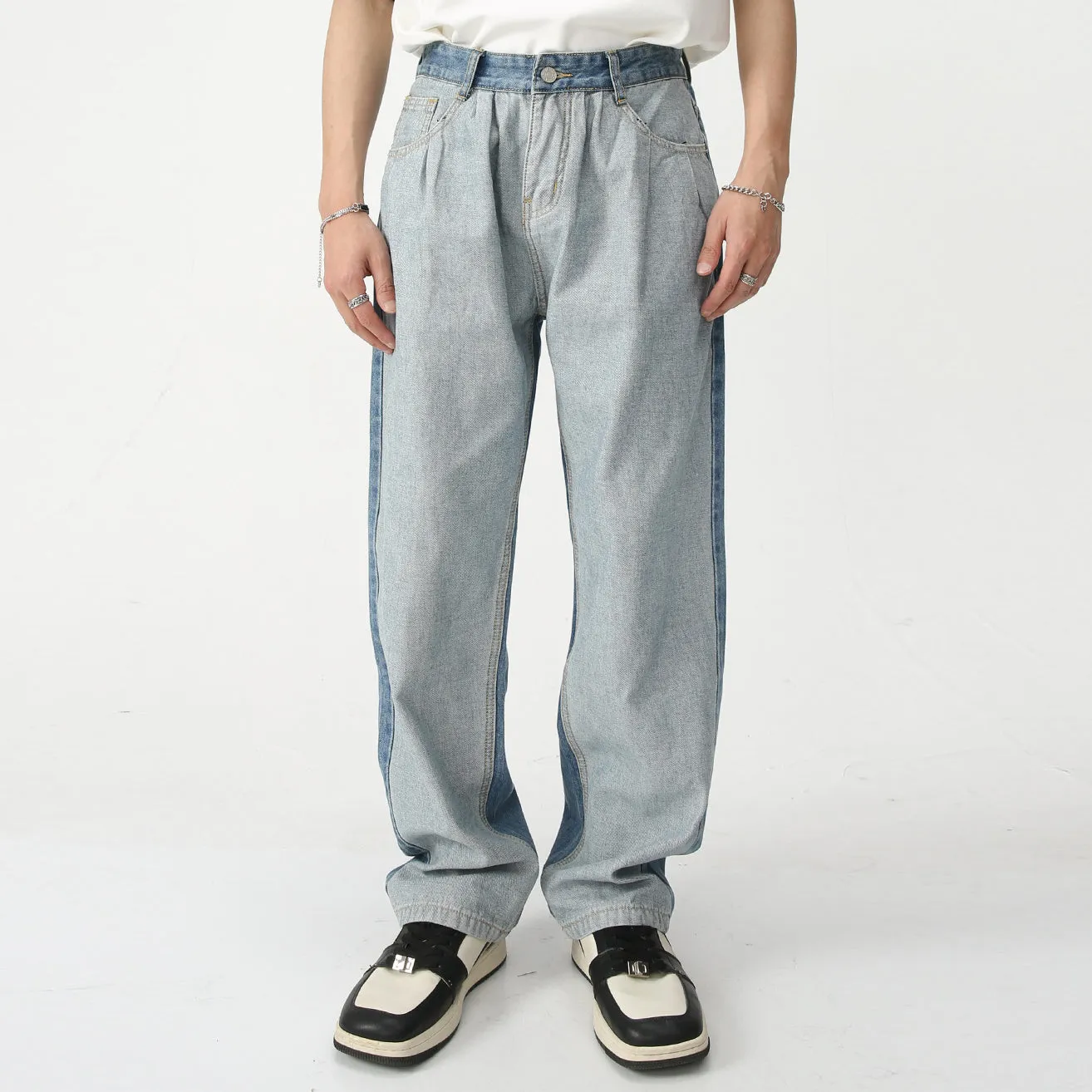 Paneled Jeans Washed Blue Loose Straight-Leg Pants