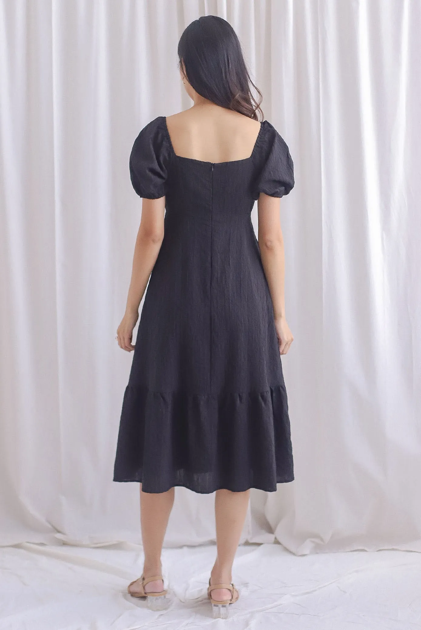 Patti Texture Puffy Sleeve Tie Midi Dress In Black