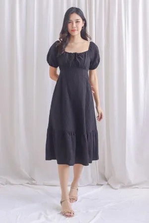 Patti Texture Puffy Sleeve Tie Midi Dress In Black