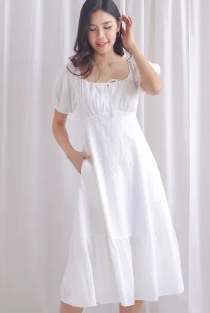 Patti Texture Puffy Sleeve Tie Midi Dress In White