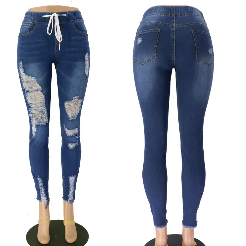 Pencil Pants Women Fashion Washed Skinny Pants Destroyed Jeans