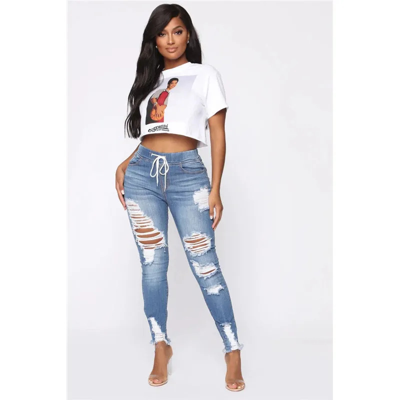 Pencil Pants Women Fashion Washed Skinny Pants Destroyed Jeans