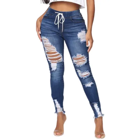 Pencil Pants Women Fashion Washed Skinny Pants Destroyed Jeans