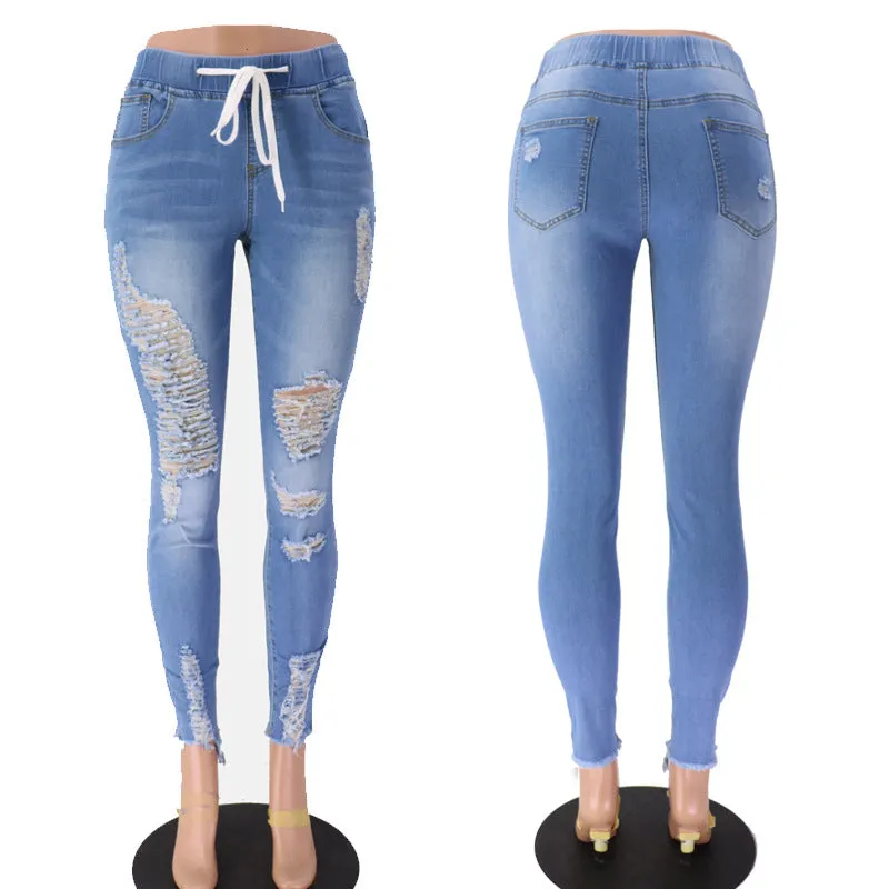 Pencil Pants Women Fashion Washed Skinny Pants Destroyed Jeans