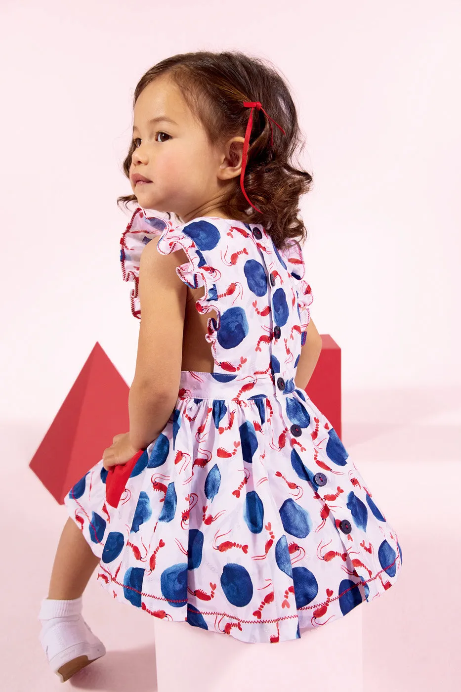 Percale Dress with Watercolor-Style Marine Print