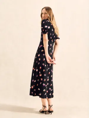 Petite Multi Pansy Print Shirred Cuff Midi Dress