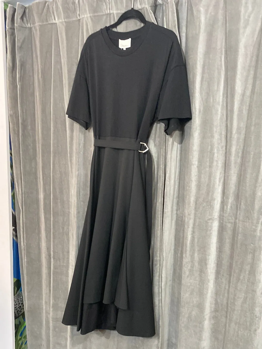 Phillip Lim Black Cotton Short Sleeve Dress with Belt and Flare Bottom Maxi Dress