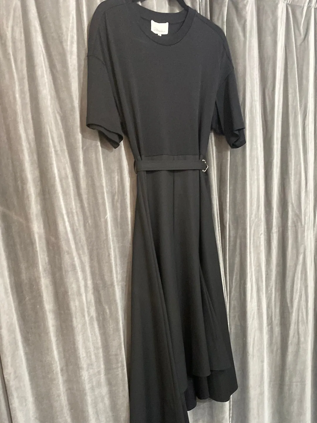 Phillip Lim Black Cotton Short Sleeve Dress with Belt and Flare Bottom Maxi Dress