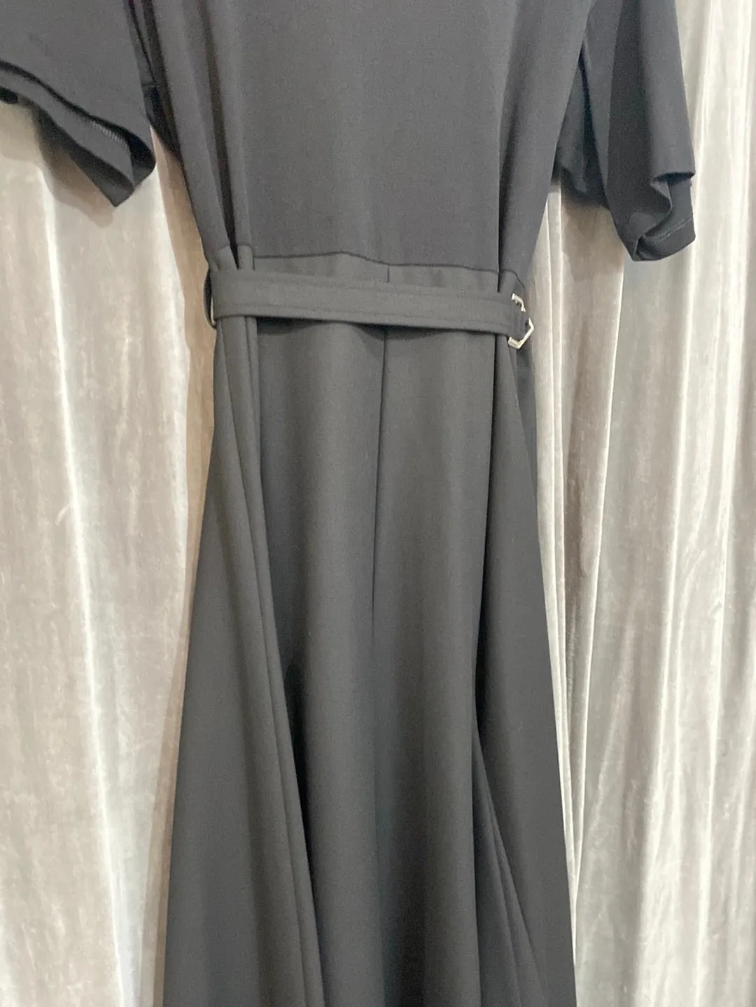 Phillip Lim Black Cotton Short Sleeve Dress with Belt and Flare Bottom Maxi Dress