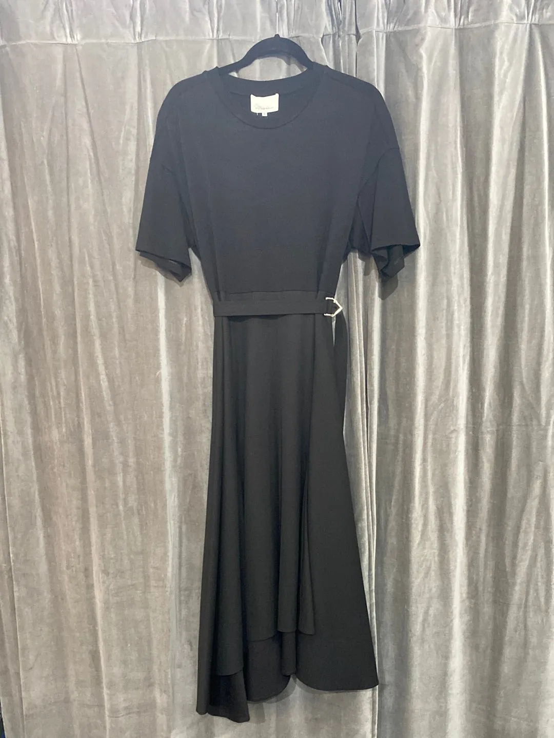 Phillip Lim Black Cotton Short Sleeve Dress with Belt and Flare Bottom Maxi Dress