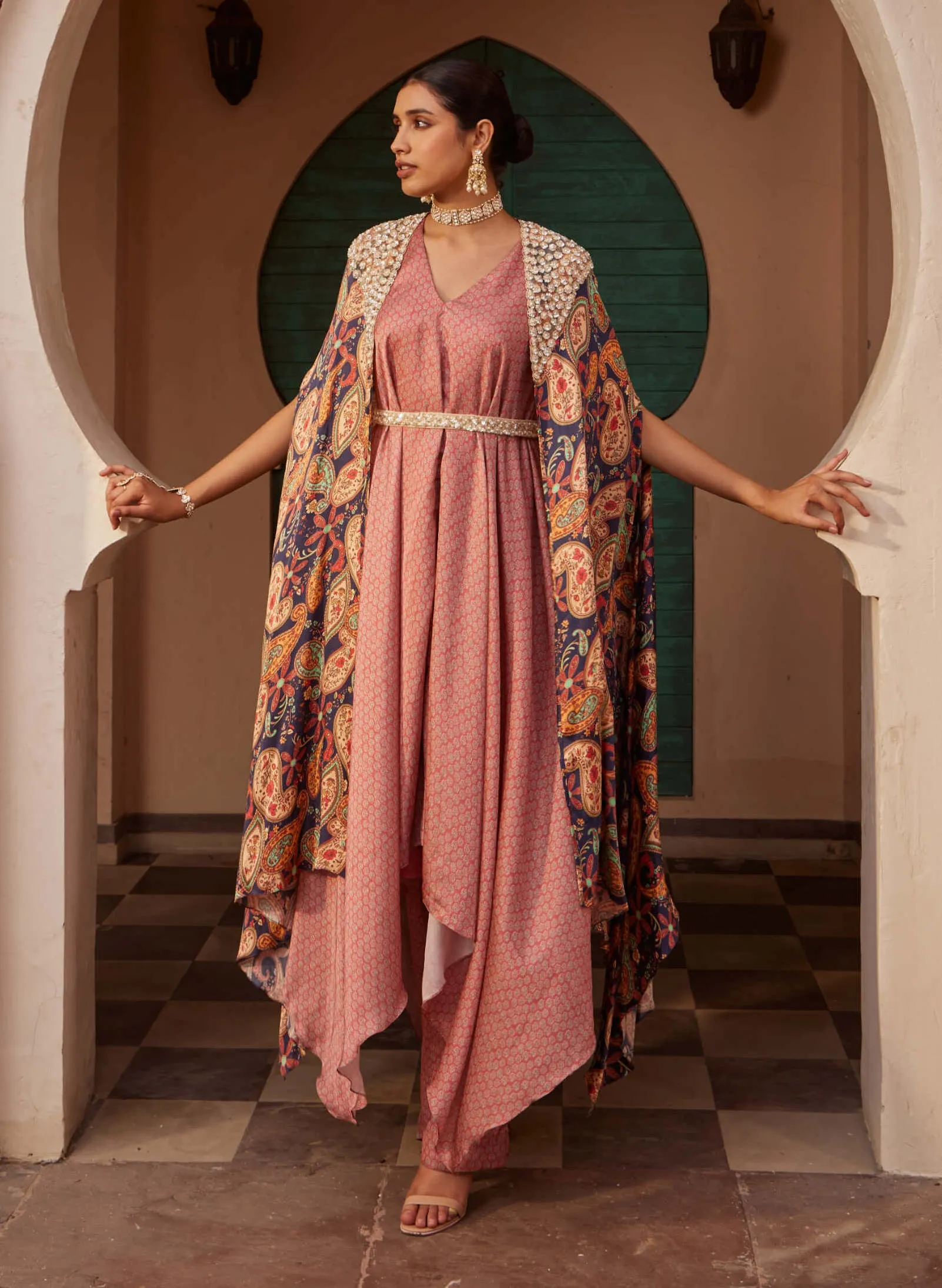 Pink drape kurta and cape set