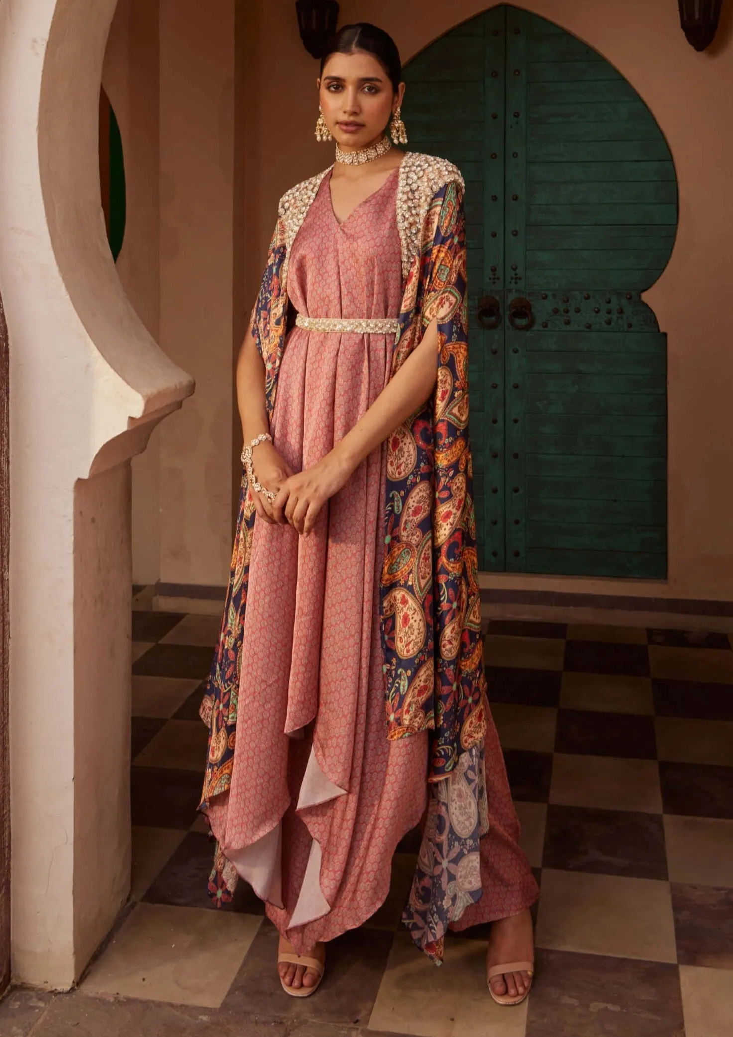 Pink drape kurta and cape set