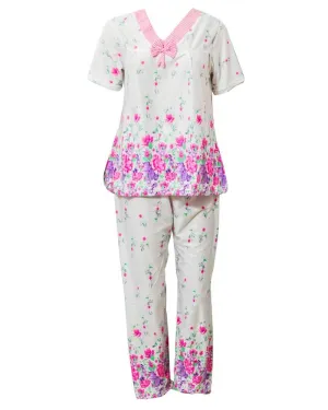 Pink Flower Printed 2 Pcs Nightdress For Girls Front Open 26.2 - Women Nightdress