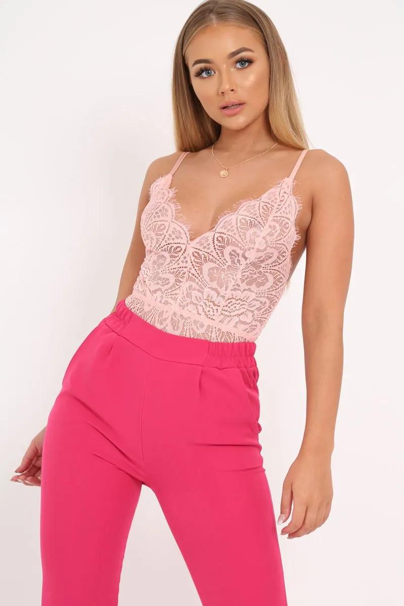 Pink Lace Plunge Bodysuit - Paola