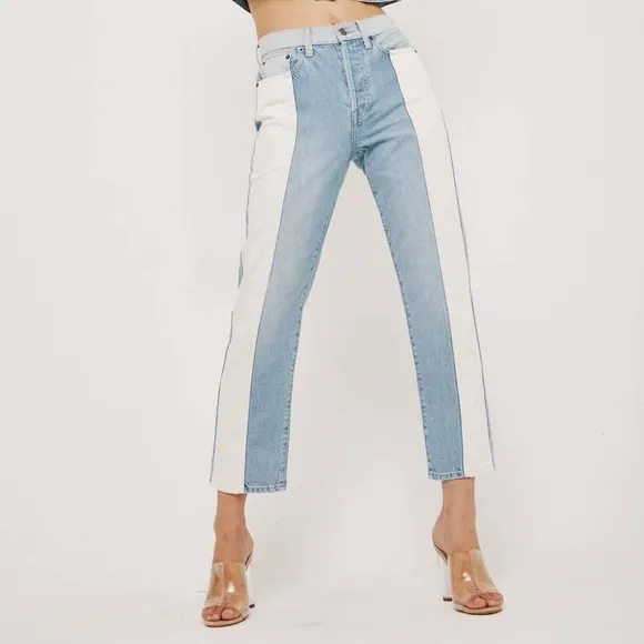 Pistola Straight Leg High Rise Denim Blue White Ankle Cropped Jeans Size 27