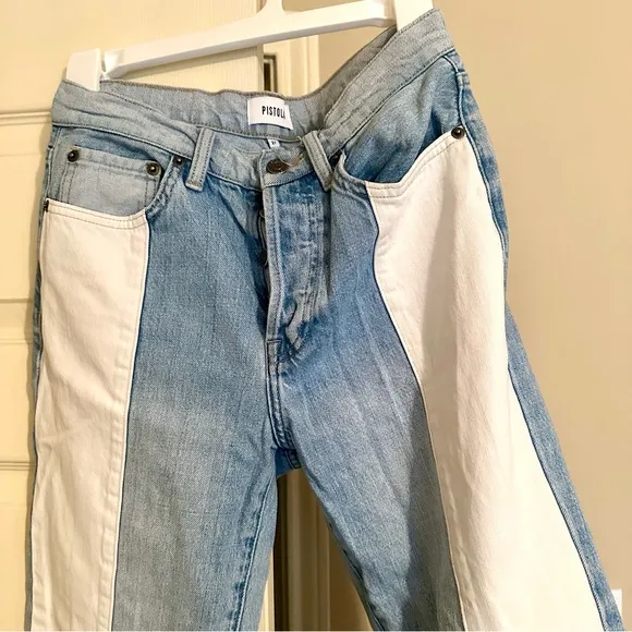 Pistola Straight Leg High Rise Denim Blue White Ankle Cropped Jeans Size 27