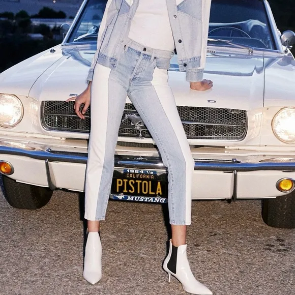 Pistola Straight Leg High Rise Denim Blue White Ankle Cropped Jeans Size 27