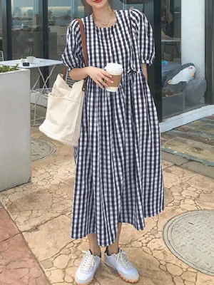 Plaid Print Puff Sleeve Irregular Spliced Shirt Casual Maxi Dress For Women