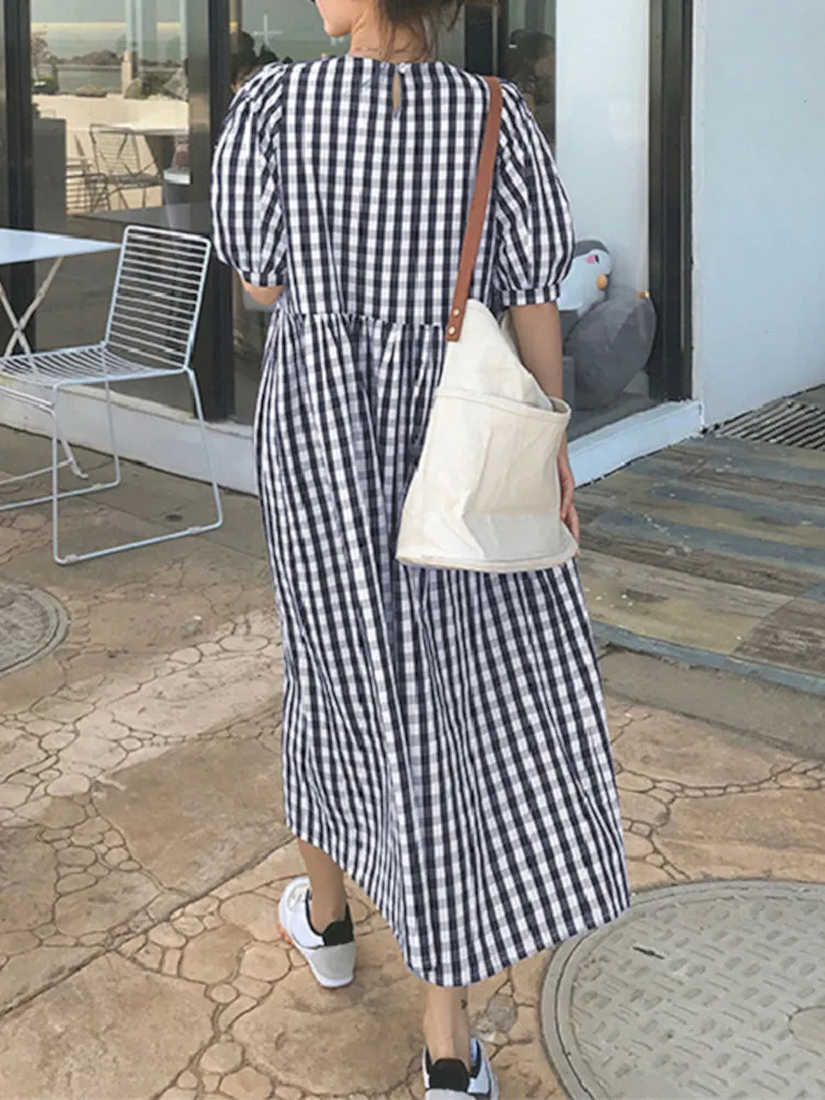 Plaid Print Puff Sleeve Irregular Spliced Shirt Casual Maxi Dress For Women