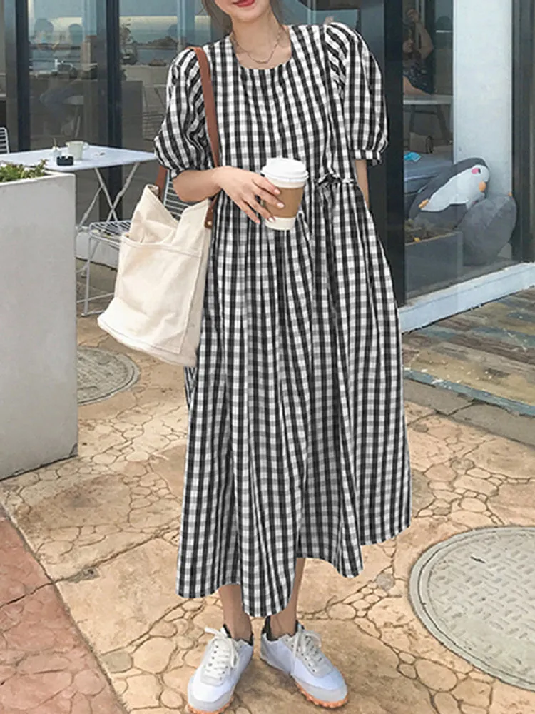 Plaid Print Puff Sleeve Irregular Spliced Shirt Casual Maxi Dress For Women