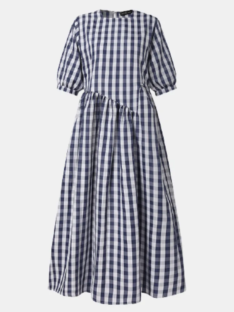 Plaid Print Puff Sleeve Irregular Spliced Shirt Casual Maxi Dress For Women