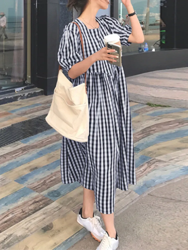 Plaid Print Puff Sleeve Irregular Spliced Shirt Casual Maxi Dress For Women