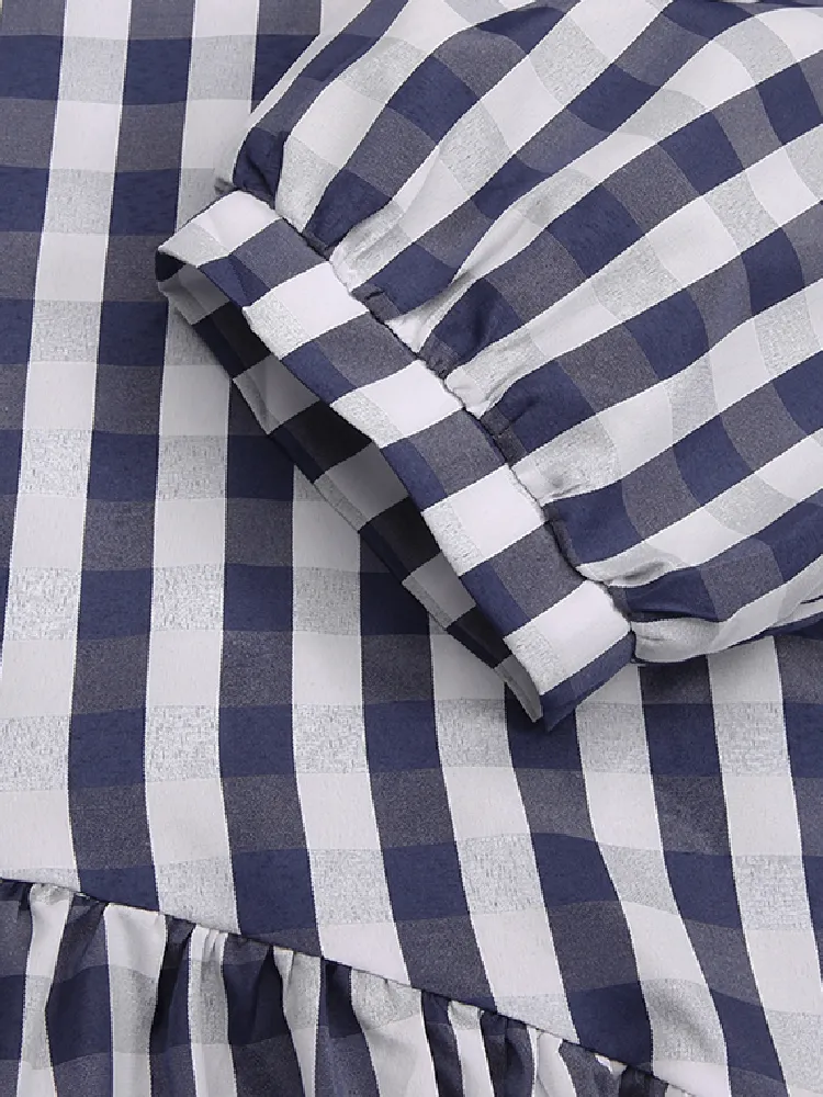Plaid Print Puff Sleeve Irregular Spliced Shirt Casual Maxi Dress For Women