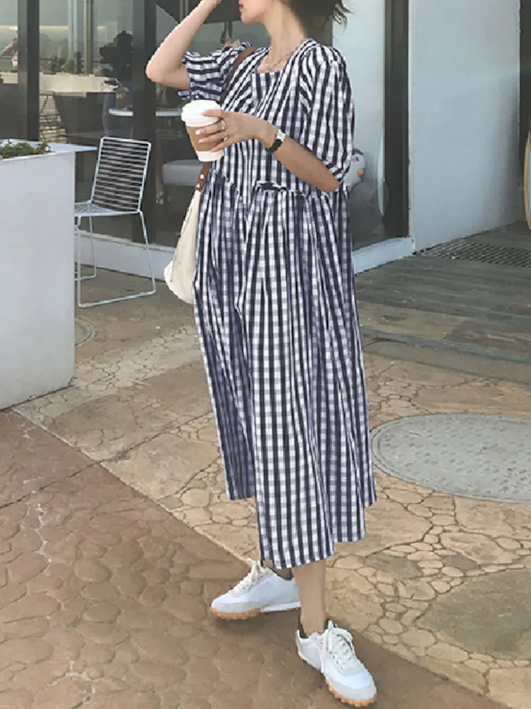 Plaid Print Puff Sleeve Irregular Spliced Shirt Casual Maxi Dress For Women