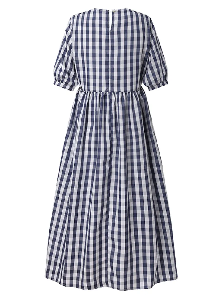 Plaid Print Puff Sleeve Irregular Spliced Shirt Casual Maxi Dress For Women