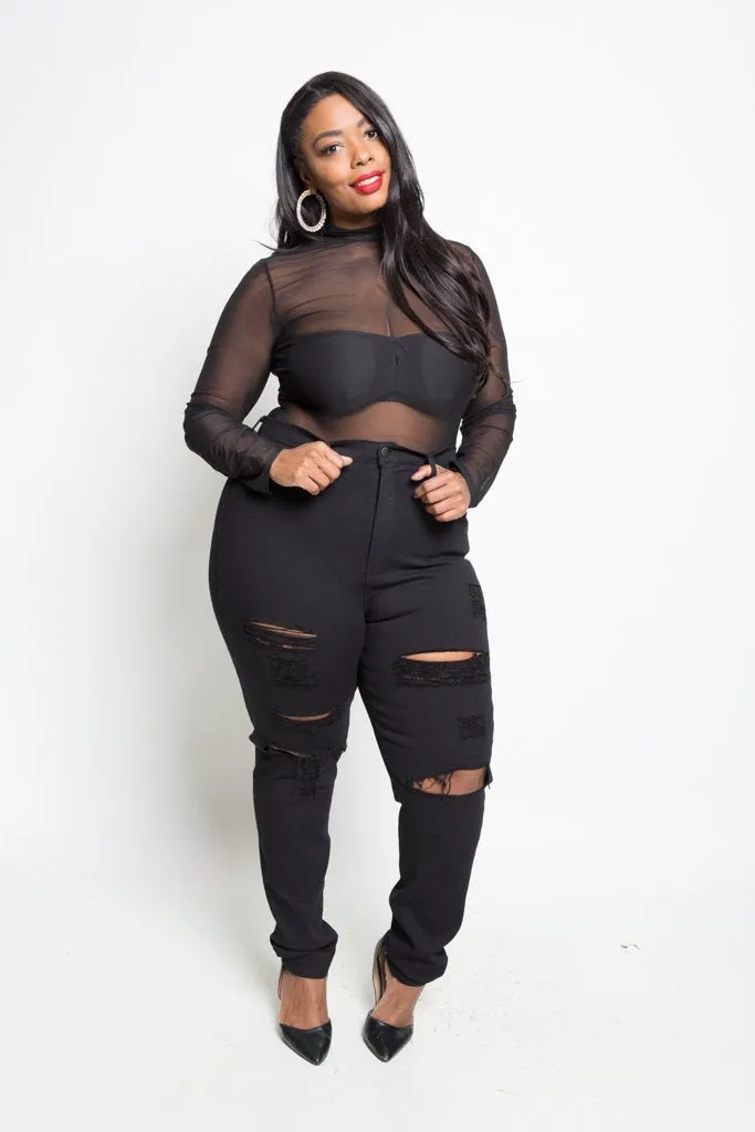 Plus Size Black High Waist Ripped Jeans