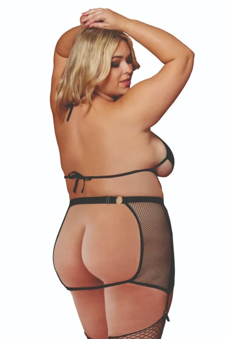 Plus Size Fishnet and Faux-Leather Bralette Skirt Set
