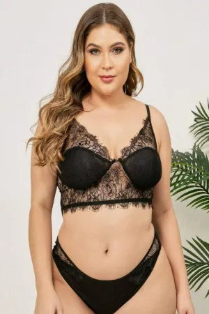 Plus Size Lace Cotton Floral Underwear Bra Lingerie Set - Black