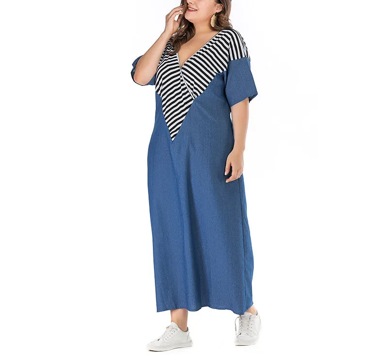 Plus Size V-neck Long Striped Stitching Denim Dress