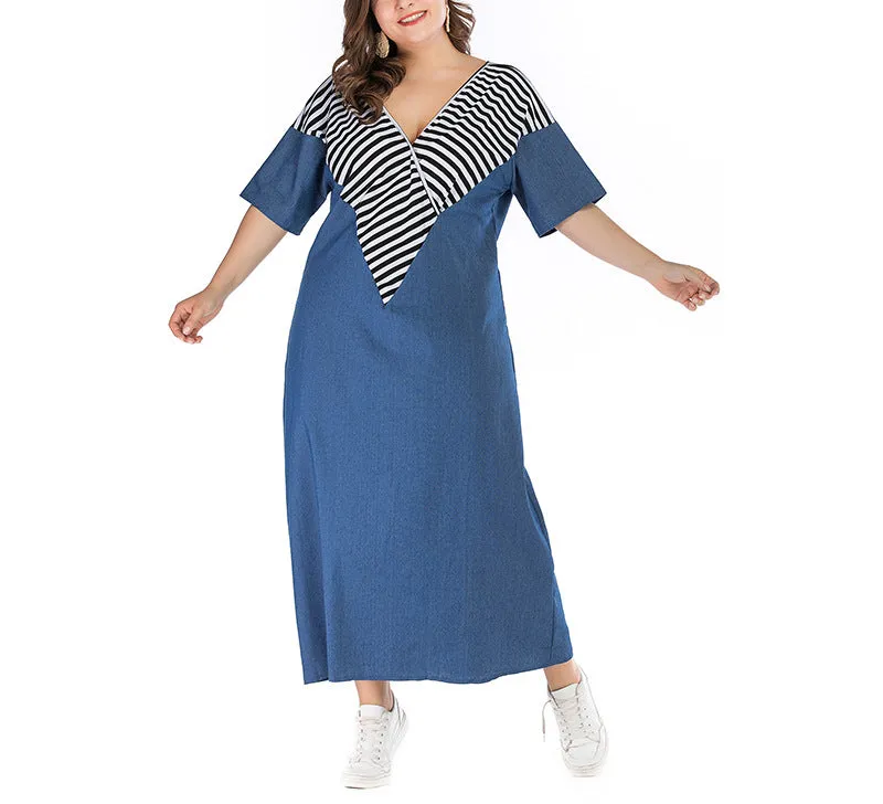 Plus Size V-neck Long Striped Stitching Denim Dress