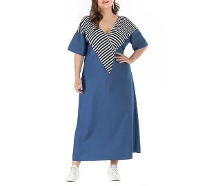 Plus Size V-neck Long Striped Stitching Denim Dress