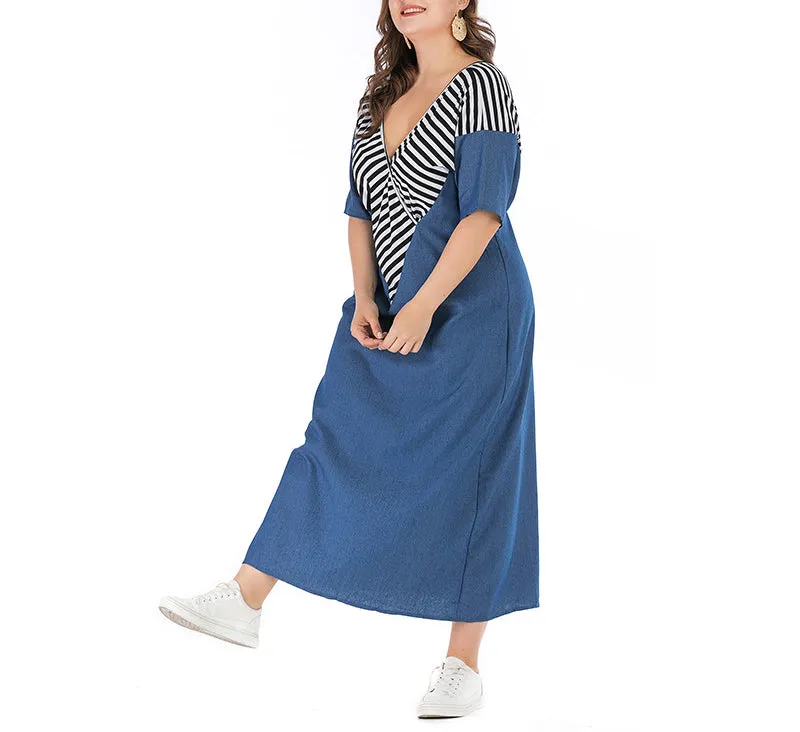 Plus Size V-neck Long Striped Stitching Denim Dress