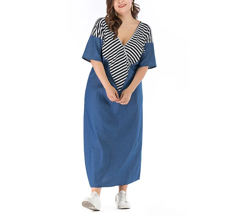 Plus Size V-neck Long Striped Stitching Denim Dress