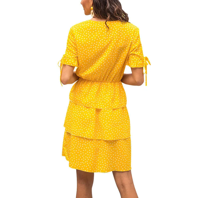 Polka Dot Printed Boho Bow Multi-layer Ruffled Holiday Dress