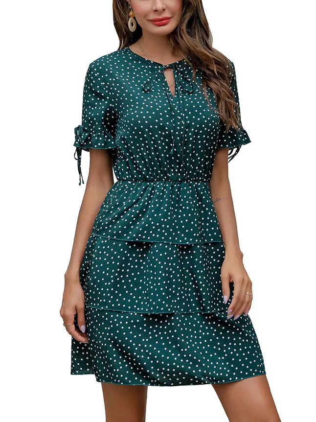 Polka Dot Printed Boho Bow Multi-layer Ruffled Holiday Dress